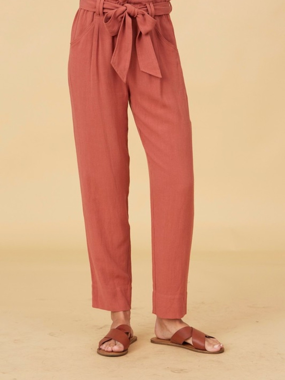 Women's Plus Size High-Rise Linen Paperbag Pants with Tie Waist - Dusty Rose